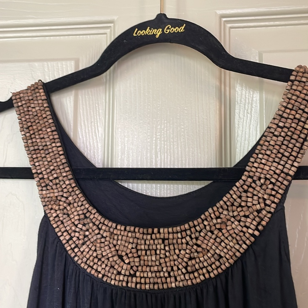 EUC B’ Leev Brown Wooden Beads on a Soft Black Tank Top